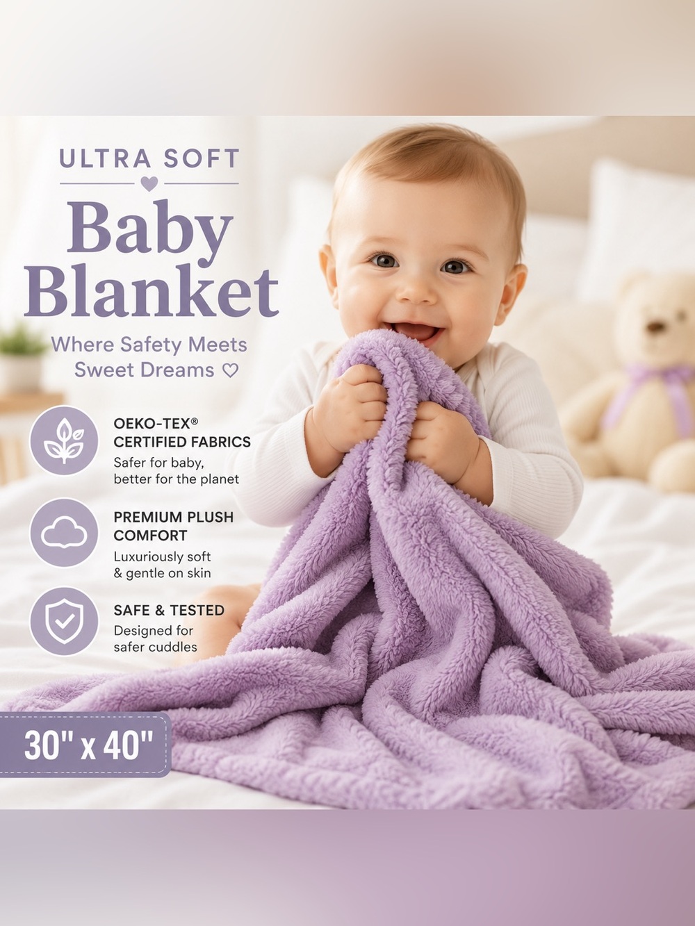NEW Ultra Soft OEKO-TEX® Certified Baby Blanket 30” x 40” Purple Plush